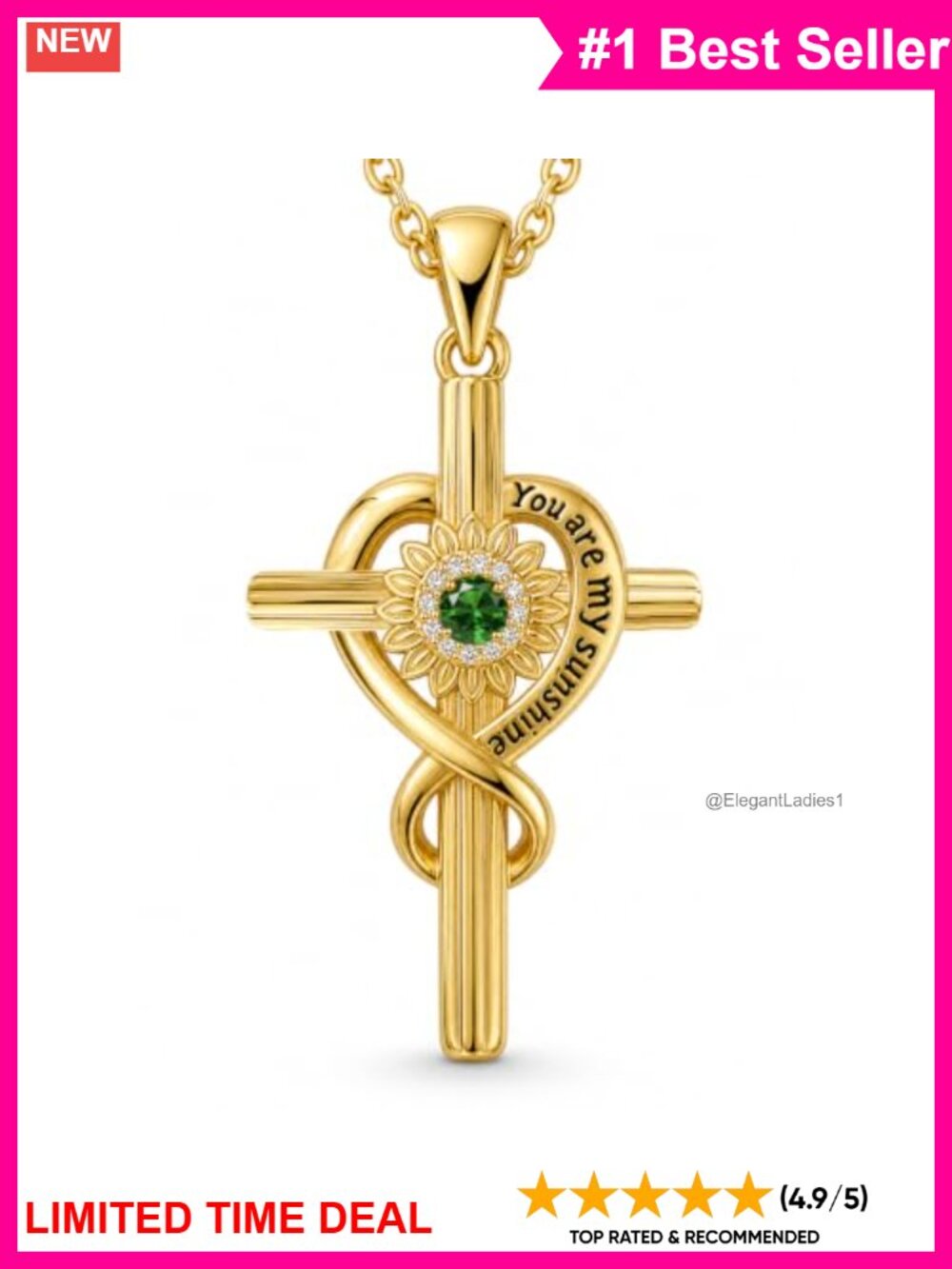 18K Gold Sunflower Cross Necklace Birthstone Pendant 18+2" Chain